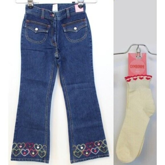 NWT 2005 Gymboree Tyrolean Lure Jeans Set sz 9 Socks Heart Button Girls Flared - Picture 1 of 16